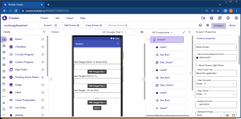 input tanggal dari date picker ke google sheets kodular #3b