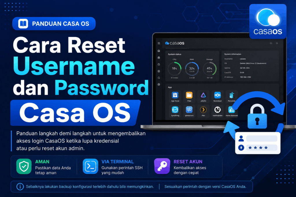 banner berjudul Cara Reset Username dan Password Casa OS-min