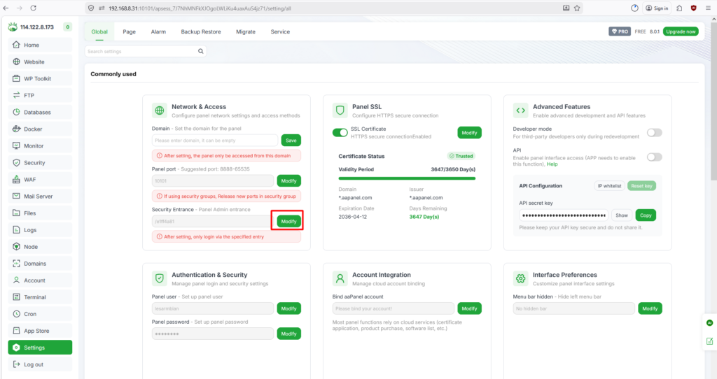 cara ganti security entrance di aapanel pada orange pi zero 3 #3-b