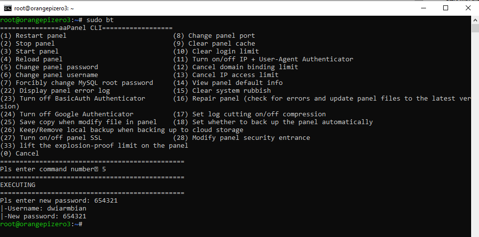 cara ganti username dan password di aapanel pada orange pi zero 3 #3-a
