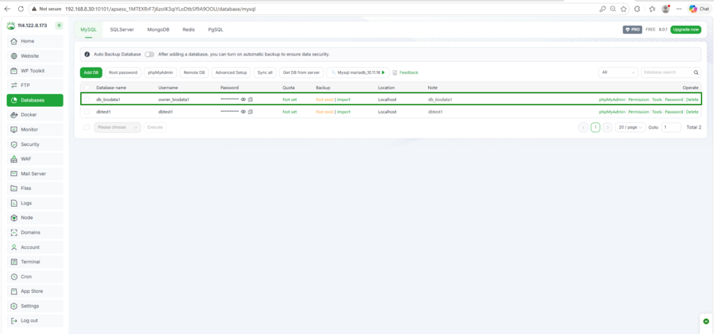 cara membuat database MySQL di Aapanel pada Orange Pi Zero 3 #5